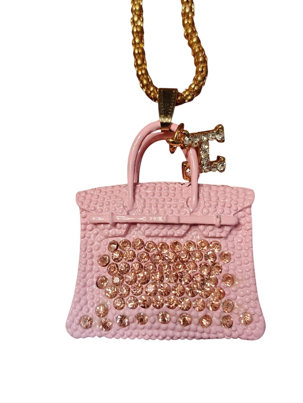 NWT Betsey Johnson Pink Jeweled Crystal Handbag Purse Initial H Gold Necklace